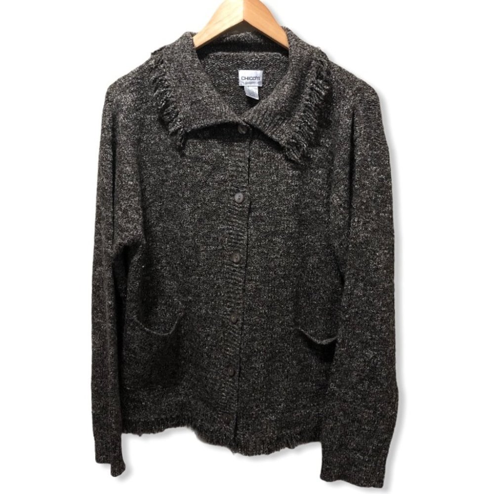 {Chico’s} Brown Wool Fringe Sweater Cardigan